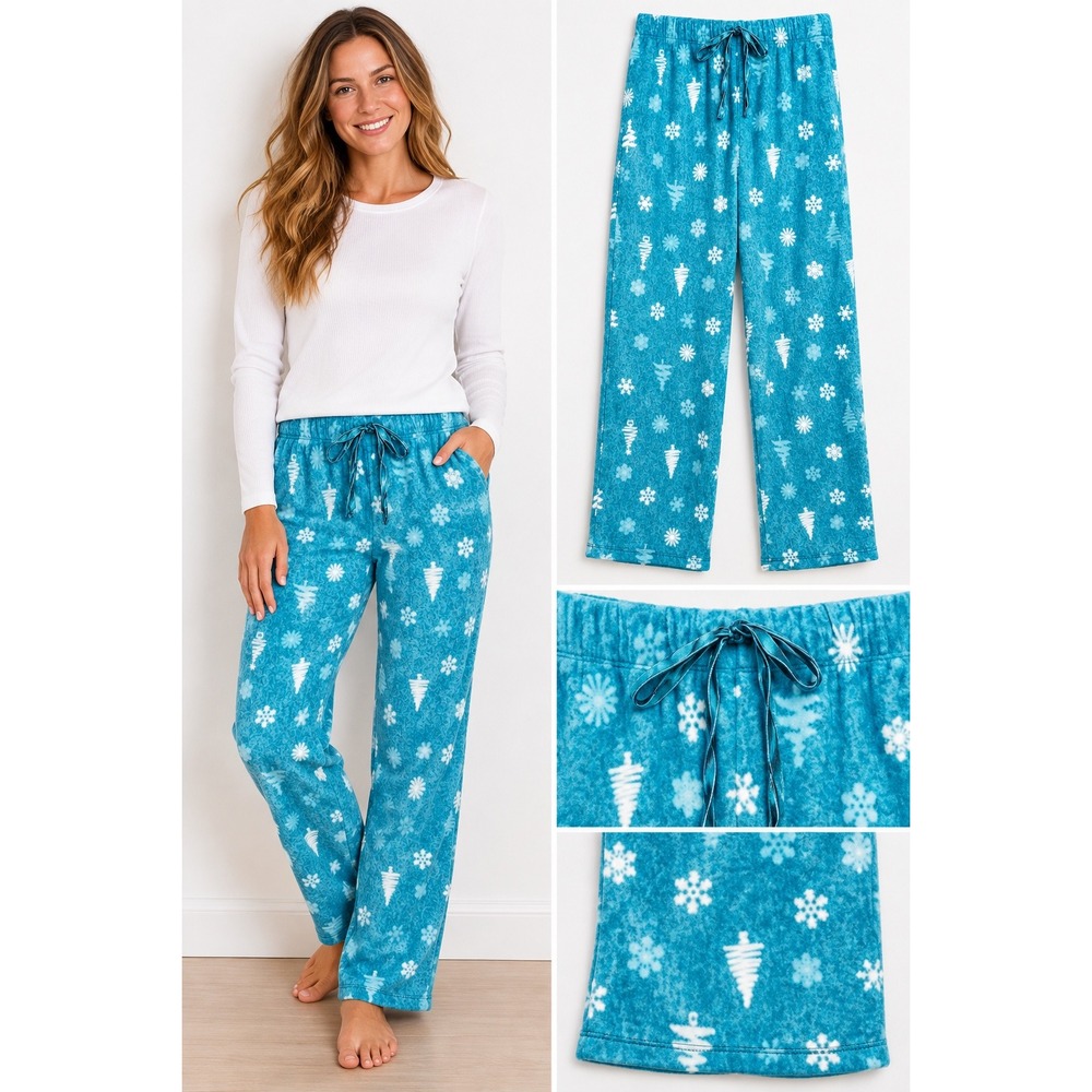 Croft & Barrow Women Pajama Pants Fleece Snowflake Christmas Tree Blue M Festive